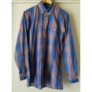 Vintage 80s Via Europa plaid blue button up single needle tailored dress shirt M